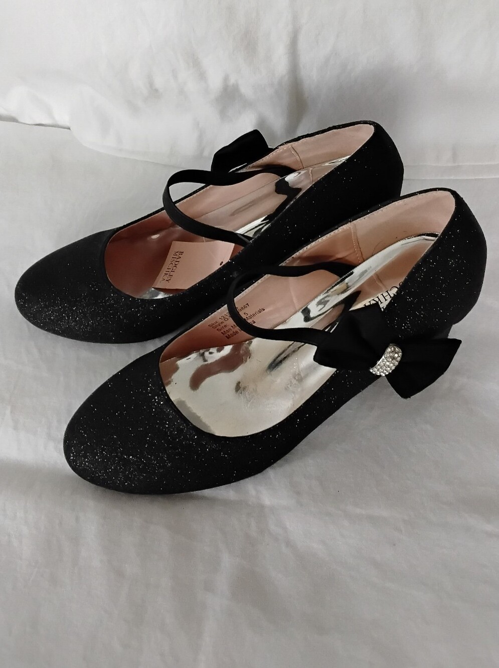 Badgley Mischka Black Glitter Mary Jane Heels with Bow Accent